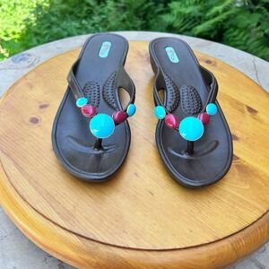 Vintage Taylor Sandals Womens Medium Brown Turquoise Beaded Y2K Oka-B